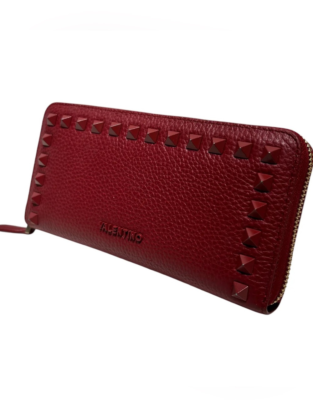 Valentino Red Pebbled Leather Rockstud Zip-Around Wallet